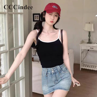 Cccindee Nữ 2024 Thời Trang Mới Màu Sắc Tương Phản Gợi Cảm Cổ Chữ V Dây Lưng Crop Rốn Ngắn Tất Cả Trận Đấu Xe Tăng Top