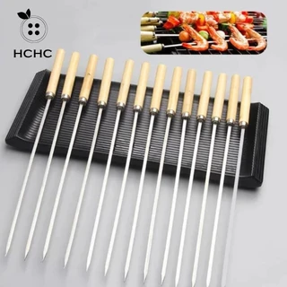 HCHC 10 Cái / bộ Xiên Thịt Nướng Phẳng, Que Thịt Nướng Bằng Thép Không Gỉ 35cm, Tay Cầm Bằng Gỗ Chống Trơn Trượt Có Thể Tái Sử Dụng Kim Thịt Nướng Phẳng Cắm Trại Dã Ngoại Ngoài Trời