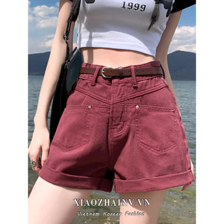 Xiaozhainv Quần Áo Nữ Hàn Quốc Eo Cao Đỏ Mùa Hè Thường Ngày Cán Cạnh Quần Short Denim