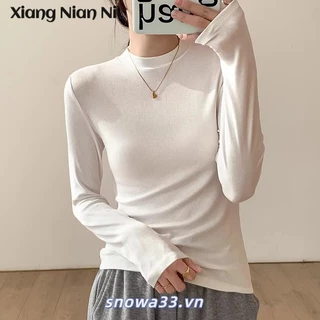 Xiang NIAN NI Phiên bản Hàn Quốc 2024 phong cách mới vai phải cổ đứng nhỏ màu trắng bên trong lớp áo sơ mi nữ nửa cổ cao