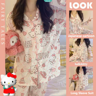 Bộ Đồ Ngủ Sanrio Hello Kitty Nữ Xuân Thu Mới Cotton Mỏng Ins Hoạt Hình Dễ Thương Mềm Mại Em Gái Ngọt Ngào Em Gái Gió Lười Học Sinh Quần Dài Tay Mặc Ở Nhà [GM]