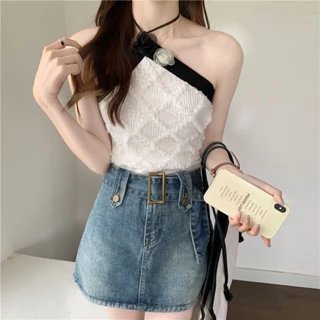 Không Đều Cổ Dây Dệt Kim Ống Top Áo Vest Nữ Bên Trong Mặc Mùa Hè Bên Ngoài Mặc Hot Girl Top