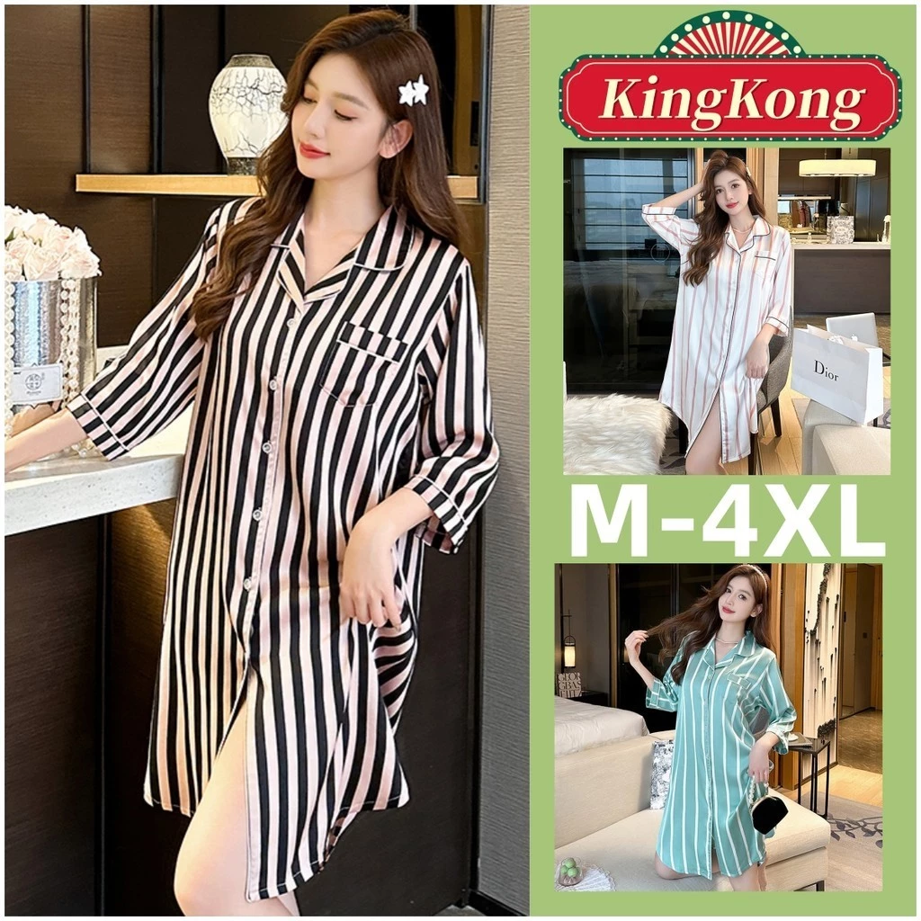 Váy Ngủ Plus Kích Thước Bộ Đồ Ngủ Nữ Lụa Bộ Đồ Ngủ Váy Mùa Hè Tay Ngắn Đồ Người Phụ Nữ Satin Sọc Mặc Nhà Mỏng M-4XL