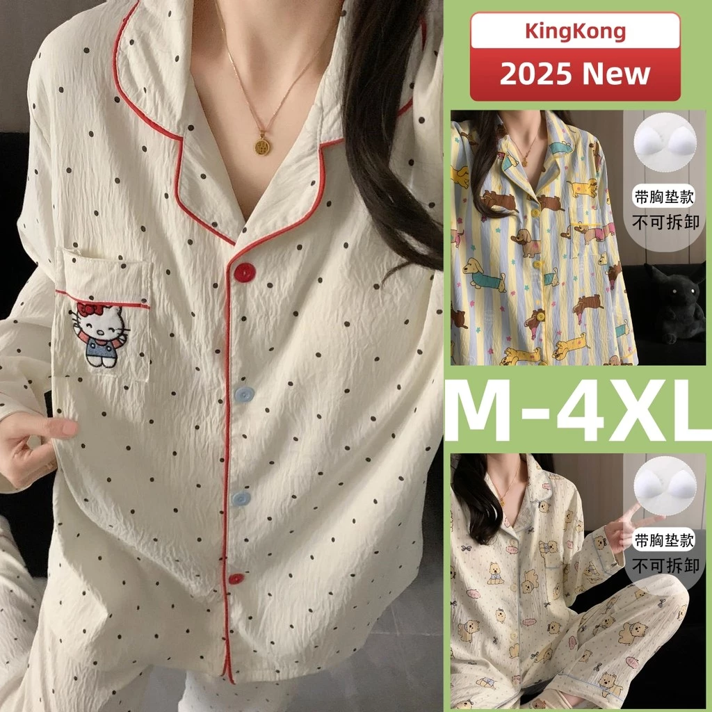 M-4xl Bộ Đồ Ngủ Cotton Nữ Có Miếng Lót Ngực Bộ Đồ Ngủ Mùa Xuân Thu Mỏng Tay Dài Đồ Ngủ Người Phụ Nữ Đệm Mặc Ở Nhà