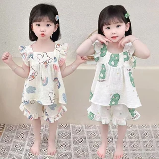 [Bán chạy] Bộ đồ ngủ dễ thương cho bé gái Phong cách mới Ren hoạt hình Sling Đồ mặc nhà cho trẻ em