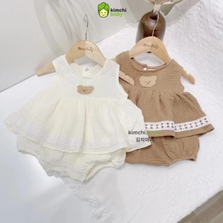 Bodysuit Cho Bé Gái KAMSAMITA Vải Xô Muslin Mềm Mại Đính Gấu Nổi, Jumsuit Cho Bé Mặc Đi Chơi Hè S432