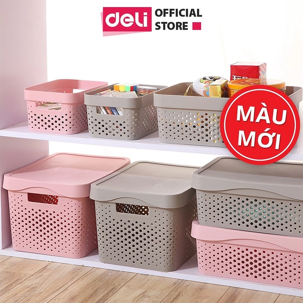 Giỏ Nhựa Đựng Đồ Đa Năng Có Nắp Đậy Tay Cầm Deli Đựng Sách Vở Mỹ Phẩm Quần Áo Chăn Gối Nhiều Kích Cỡ