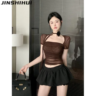 JINSHIHUI áo phông áo thun nữ croptop baby tee Thời trang Phong cách Vintage Fashion WTX24200KC 5Z240201