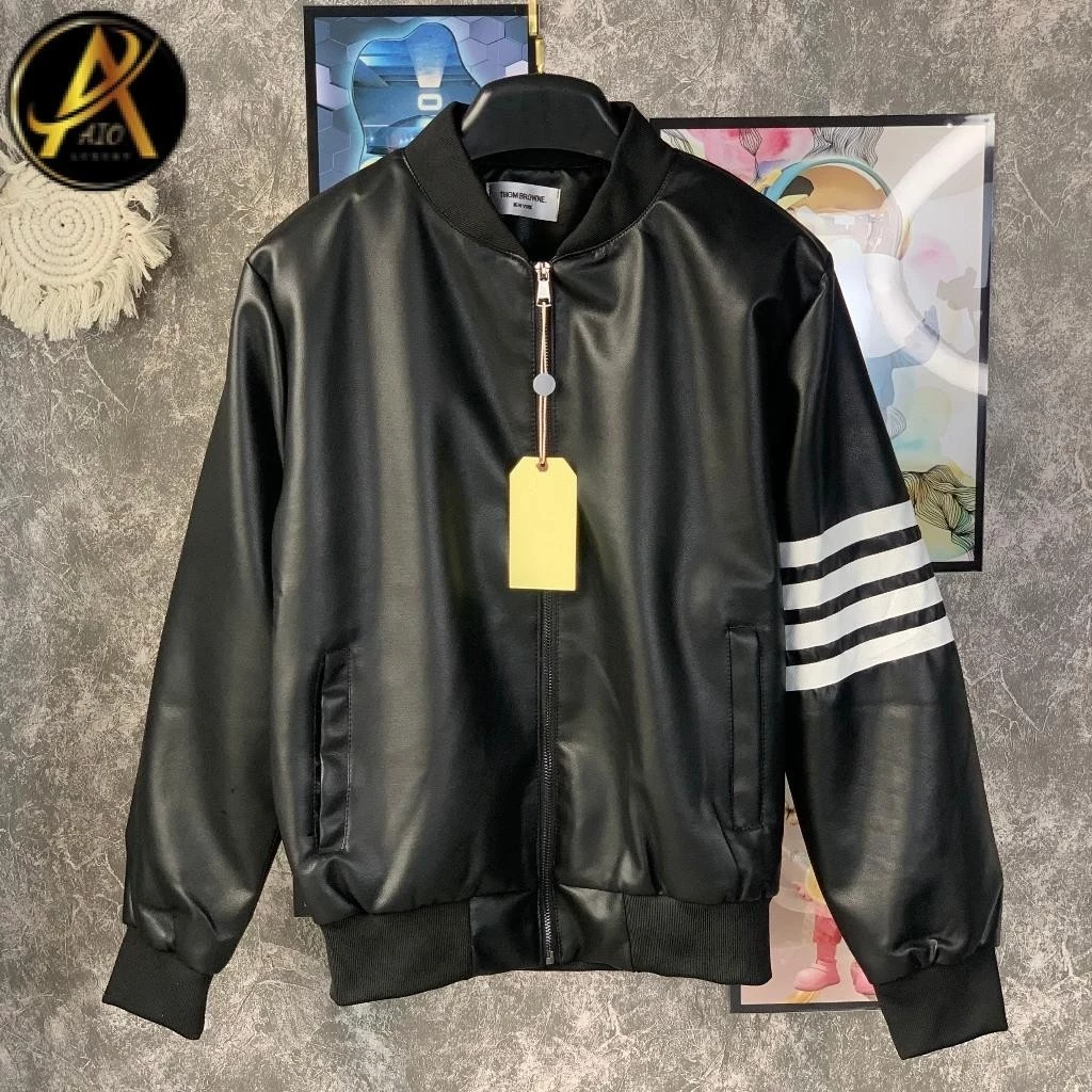 [AIO LUXURY] Áo Khoác Da Nam Tho.m Br.owne Bomber Jacket Thêu 4 Sọc Trắng Tay Lót Gió Bo Chun Dày Dặn Sang Trọng