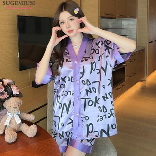 Sugemiusi Mùa Hè Quần Short Tay Ngắn Tím Bộ Đồ Ngủ Nữ Ice Silk Cao Cấp 85kg Béo mm In Chữ Loungewear