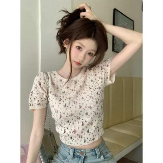 áo phông áo thun Kumumi Vintage In Hoa Lụa Băng Tay Ngắn Dệt Kim Áo Thun Nữ Mùa Hè Co Giãn Slim-fit Giảm Béo Ngắn Top