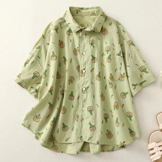 Áo Sơ Mi Tay Ngắn In Hình Băng Rời Size Lớn Cotton Top Nhật Bản Giảm Giá Đuôi Đặt Hàng Xuất Khẩu Retro Nữ Mùa Hè Mỏng Hơn Nhìn Tuổi @