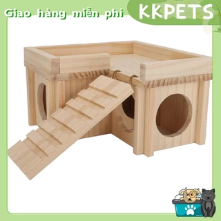 KKPETS Hamster House Nhiều phòng Đồ chơi đường hầm ẩn náu bằng gỗ Túp lều thú cưng nhỏ có thang cho gấu vàng