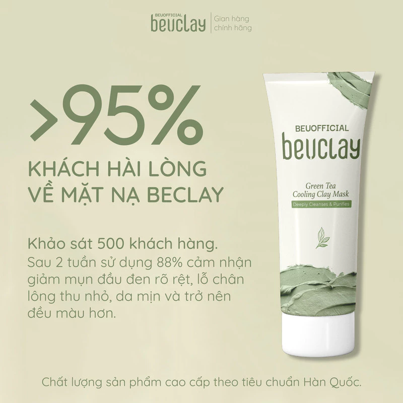 Mặt nạ bùn đất sét BEUCLAY trà xanh sáng da, se khít lỗ chân lông, kiểm soát dầu, ngăn ngừa mụn cám mụn