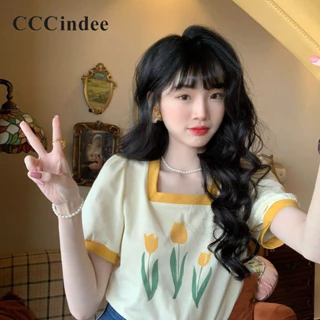 Cccindee Nữ 2024 Thời Trang Mới Màu Sắc Tương Phản In Hình Tay Ngắn Puff Ngọt Ngào Top