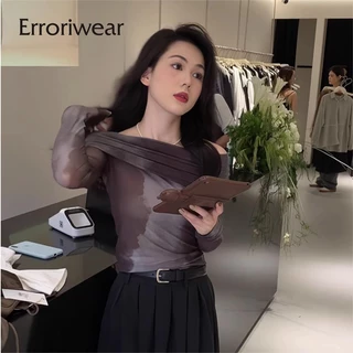 Erroriwear Nữ Dây Buộc Dài Tay Top 2024 Thiết Kế Mới Smudge Xếp Ly Tắt Vai Áo Thun Tay Dài