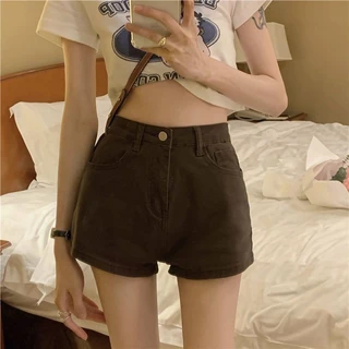 Quần Short Màu Trơn Phong Cách Hồng Kông Nữ Vỏ Denim Cao Cấp Thời Trang Quần Short Thẳng