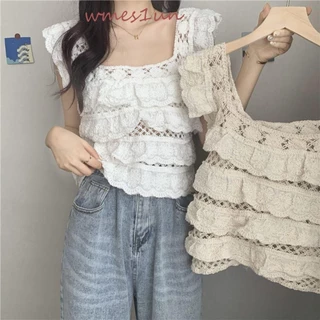 Wmes15h Rỗng Ra Áo Hàng Ngày Ngọt Ngào Phong Cách Ren Đan Không Tay Mùa Hè Cotton Retro Hàn Quốc Xe Tăng Áo