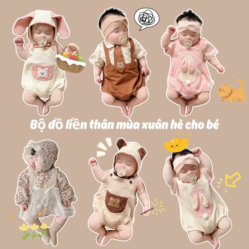 Mùa Xuân Mùa Hè 2024 Bộ Sưu Tập Bộ Sưu Tập Bé Trai Bé Gái Tay Ngắn Rời Thỏ Dễ Thương Họa Tiết Gấu Trẻ Sơ Sinh Body Quần Áo Bé 0-24 Tháng