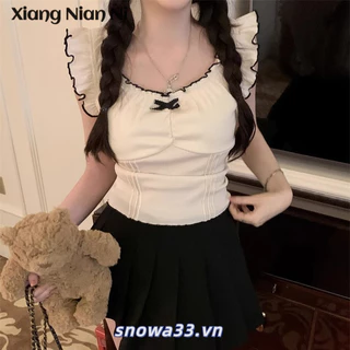 Xiang NIAN NI 2024 mùa hè phong cách mới Pháp cổ chữ U nữ nơ nấm bay tay áo vest không tay ngọt ngào hot girl hàng đầu