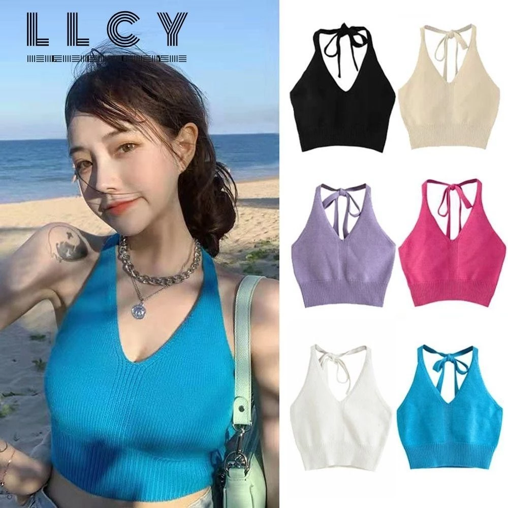 Áo Crop Top dệt kim, Áo ba lỗ ngắn gợi cảm dệt kim, Thời trang không tay mềm mại thoáng khí treo cổ Camisoles nữ