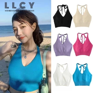 Áo Crop Top dệt kim, Áo ba lỗ ngắn gợi cảm dệt kim, Thời trang không tay mềm mại thoáng khí treo cổ Camisoles nữ