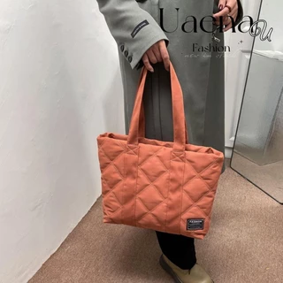 Túi Tote Quilted UAENAU, Túi xách có đệm Cotton màu trơn dung tích lớn, Túi xách tay bằng vải Cotton Nylon thời trang mùa đông