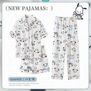 Bộ đồ ngủ Cotton Sanrio Pochacco Mô hình nữ Xuân Thu Bộ ba mảnh Quần Short ngắn tay 2024 Phim hoạt hình mới Bộ đồ mặc nhà ngọt ngào bên ngoài [GM]