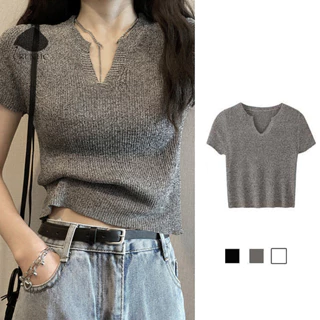 Minimalist Labo Áo thun Sweater dệt kim ngắn tay cổ chữ V màu trơn mùa hè CRLNHC Crop Top nữ vn