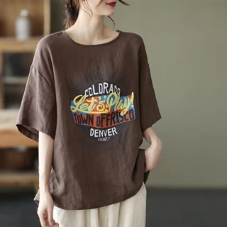 Áo Thun Mùa Hè Mới Vintage In Chữ Cotton Và Vải Lanh Tay Ngắn Top Nữ Size Lớn Rời Cổ Tròn Phù Hợp Với Nữ