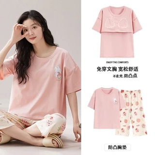 Bộ Đồ Ngủ Nữ Mùa Hè Cotton Mỏng Ngắn Tay Crop Quần Có Miếng Lót Ngực Bộ Đồ Ngủ Ngọt Ngào Dễ Thương Nữ Homewear Set