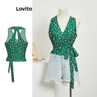 Áo không tay Lovito cột dây không đối xứng họa tiết hoa nhí boho cho nữ L80ED167