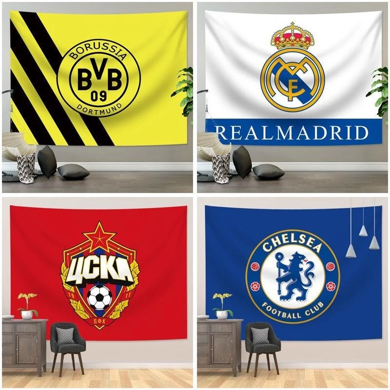 Tấm thảm trang trí Champions League Logo Manchester Madrid Chelsea dành cho người hâm mộ câu lạc bộ bóng đá Hỗ trợ phòng ngủ Vải treo trang trí nhà cửa Gói cài đặt miễn phí có đèn Led Op