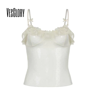 Vesglory Nữ Lưới Xe Tăng 2024 Thời Trang Mới Ruffle Edge Chấm Bi Nơ Dây Đeo Vai Mỏng Phối Cảnh Camisole