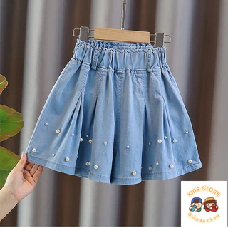 [Giảm Giá] Bé Gái Denim Tencel Ngọc Trai Váy Mùa Hè Phong Cách Mới Bé Gái Váy Thời Trang Xếp Ly Váy Mỏng Trẻ Em Culottes