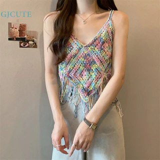 Gjcute Mùa Hè Bohemia Kỳ Nghỉ Phong Cách Nữ Gợi Cảm Cổ Chữ V Rỗng Thêu sel Dệt Kim Camisole WTD