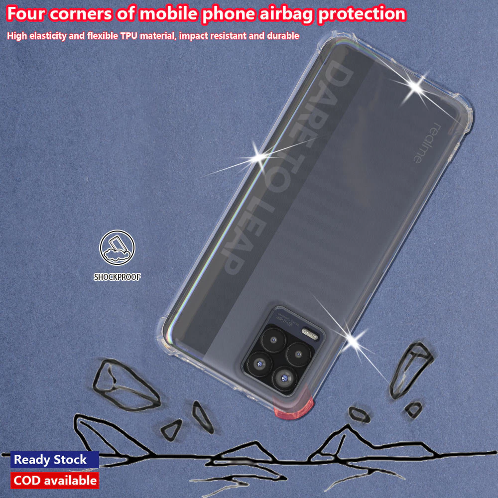 Realme 8 4G 8 Pro RMX3085 RMX3081 Cao su mềm linh hoạt Pha lê trong suốt Slim Bảo vệ Jelly Cover Gia cố cản góc chống sốc Vỏ trong suốt