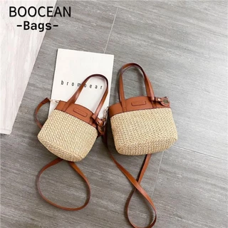 BOOCEAN Túi đeo vai, Túi cói chắp vá rơm Pu, Túi đi biển nữ