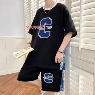 Aokong Bộ đồ thể thao cỡ lớn thông thường cotton mùa hè nam đẹp trai giả hai mảnh áo ngắn tay + quần short (M-5XL)