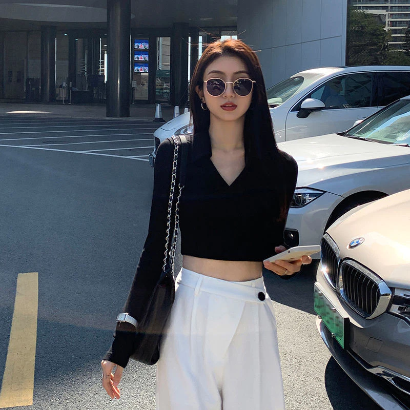 Áo polo Pháp Ve Áo Đáy Áo Sơ Mi Bên Trong Dài Tay Áo Thun Nữ Xuân Thu Slim-Fit Phong Cách Phương Tây Crop Cao Cấp Eo Ngắn Top