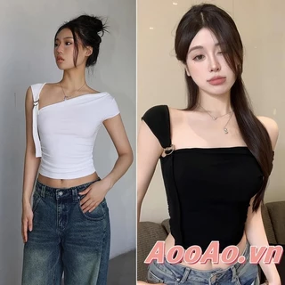 Áo Crop top nữ có mũ màu trơn Khóa bạc một vai Áo sơ mi