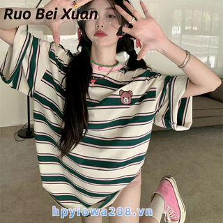 Ruo Bei Xuân Nữ Dáng Rộng Đơn Giản Sọc Áo Đẹp Lưng Cổ Áo Thun Tay Ngắn Cho Nữ Plus Kích Thước