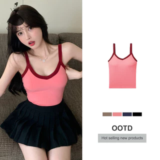 Crlnhc Mùa Hè Hotsweet Tương Phản Màu Camisole Nữ Cổ Chữ V Gợi Cảm Không Tay Slim Top vn