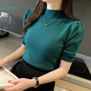 Gjcute Mùa Hè Hàn Quốc Nữ Màu Trơn Nửa Cổ Rùa Tay Phồng Mỏng Dệt Kim Áo Thun WTD