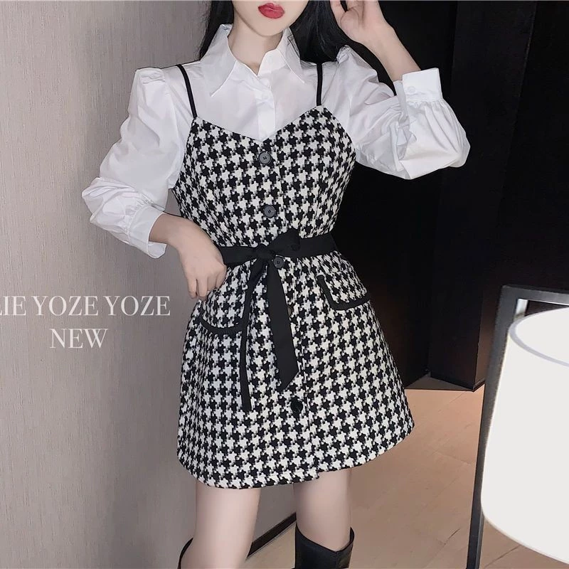 Bộ Đồ Mùa Thu Pháp Dài Tay Áo Sơ Mi Ngắn Houndstooth Narrow-Waist Ren-Up Sling Đầm Nữ Hai Mảnh Phù Hợp Với Hợp Thời Trang