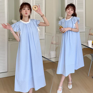 W64032 # Quần Áo Mang Thai Đầm Mỏng Plus Kích Thước Kẻ Sọc Rời Đầm Nữ Phong Cách Hàn Quốc