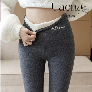 Quần legging lót lông cừu UAENAU, Quần legging mùa đông eo cao mềm mại, Quần legging giữ nhiệt dày linh hoạt màu xám đen dành cho nữ