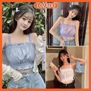 Áo hai dây nữ LOZADO áo 2 dây dáng croptop chun bèo nhún kiểu dáng xinh xắn bánh bèo thời trang A2