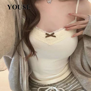 YOUSE Áo croptop 2 dây dệt kim có miếng đệm ngực viền ren thời trang nữ WBX2430S6O 13Z240328