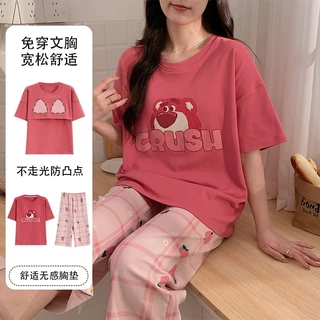 Bộ Đồ Ngủ Nữ Mùa Hè Lụa Sữa Cotton Mỏng Phong Cách Có Miếng Lót Ngực Ngắn Tay Crop Quần Loungewear Bộ Hai Mảnh Có Túi Quần Sinh Viên Hoạt Hình Có Thể Mặc Bên Ngoài